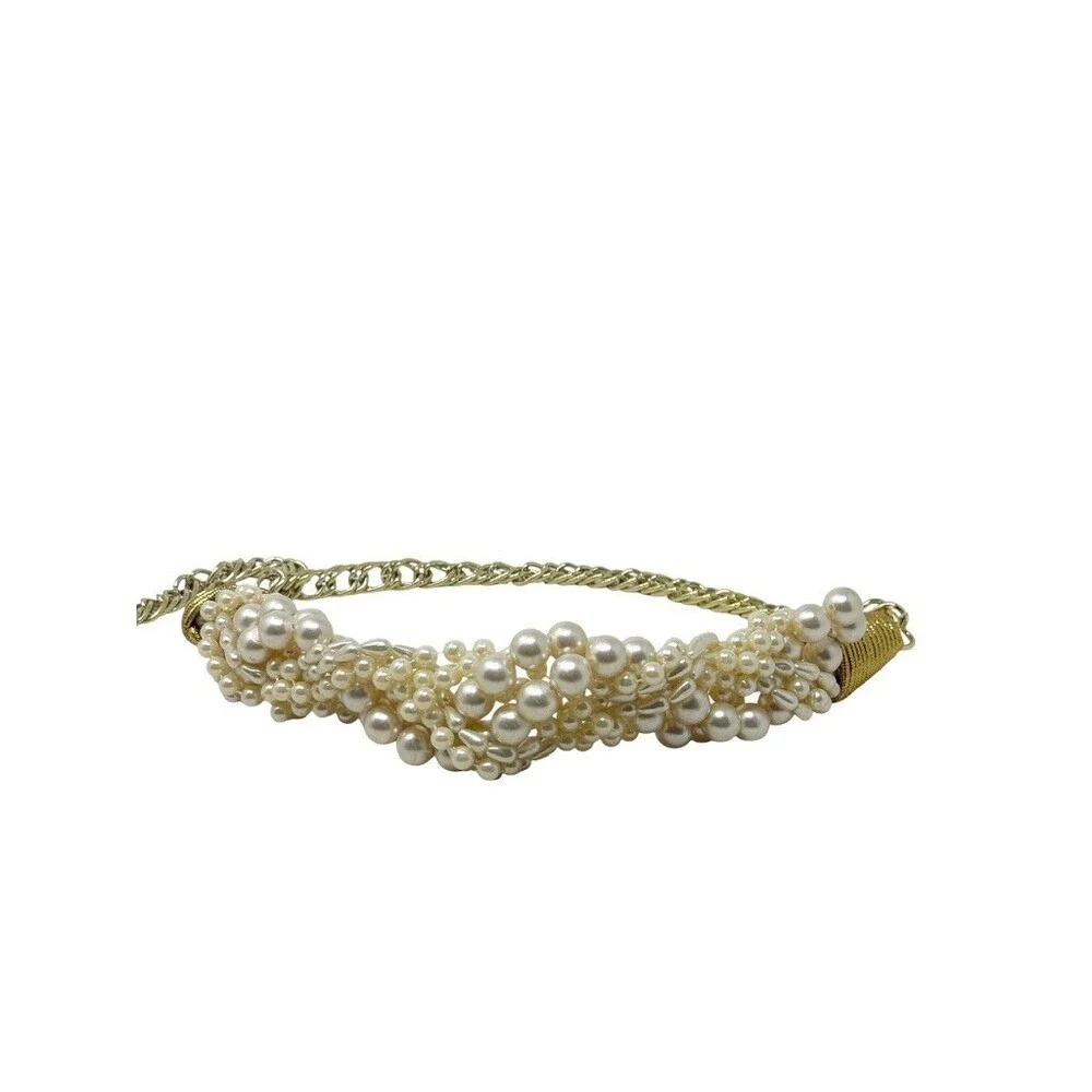 Vintage 80s Faux Pearl Cluster Net Belt Gold Tone Chain womens statement belt